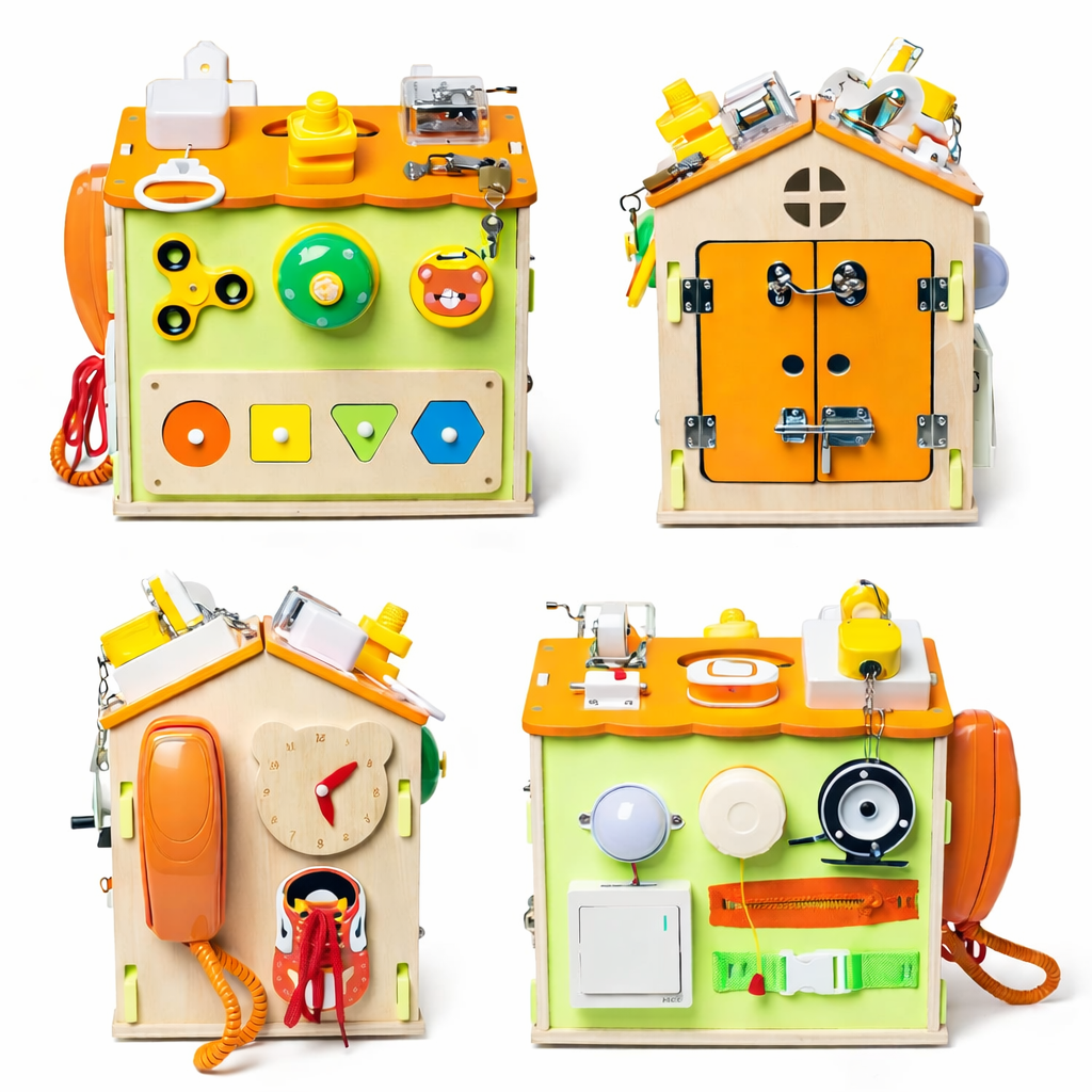 Montessori Activiteitenhuis van Hout – Educatief Busy Board Speelgoed voor Peuters (1+ jaar)