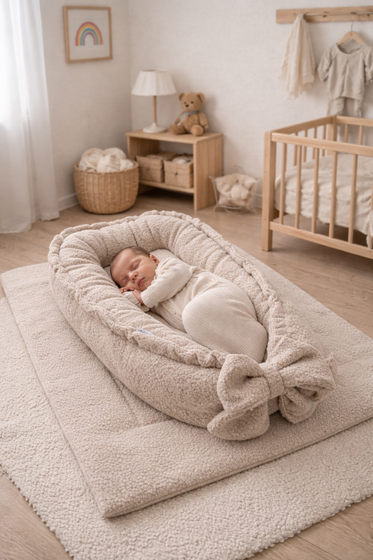 Babynestje Taupe Bouclé Teddy – Comfykids Kandy – Oeko-Tex – Inclusief Gratis Dekentje