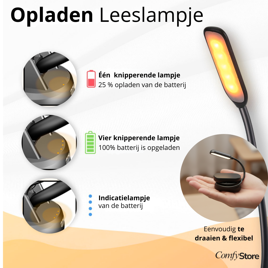 Voorleeslampje Pro 2026 – 360° Draaibaar – 3 Lichtstanden – Oogveilig LED – Snelladen + Gratis USB-C & Kopje
