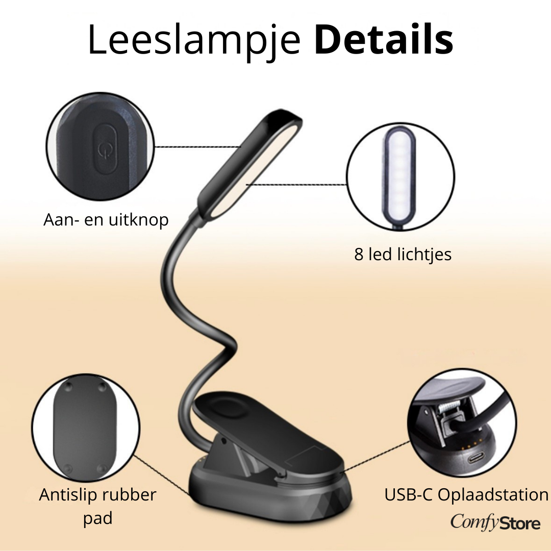 Voorleeslampje Pro 2026 – 360° Draaibaar – 3 Lichtstanden – Oogveilig LED – Snelladen + Gratis USB-C & Kopje