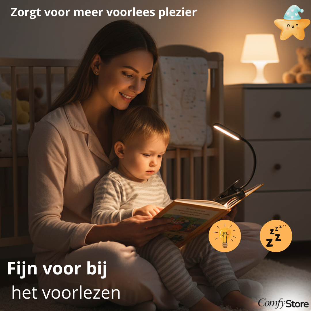 Voorleeslampje Pro 2026 – 360° Draaibaar – 3 Lichtstanden – Oogveilig LED – Snelladen + Gratis USB-C & Kopje