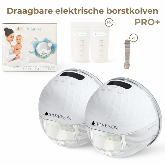 Draagbare Elektrische Borstkolf PUREMOM® - DUBBELZIJDIG - Handsfree – BPA-Vrij - Incl. 20 moedermelk bewaarzakjes, Reistasje, BH clipje, accessoires, Borstvoeding informatie, & Borstschildverkleiners - PRO+