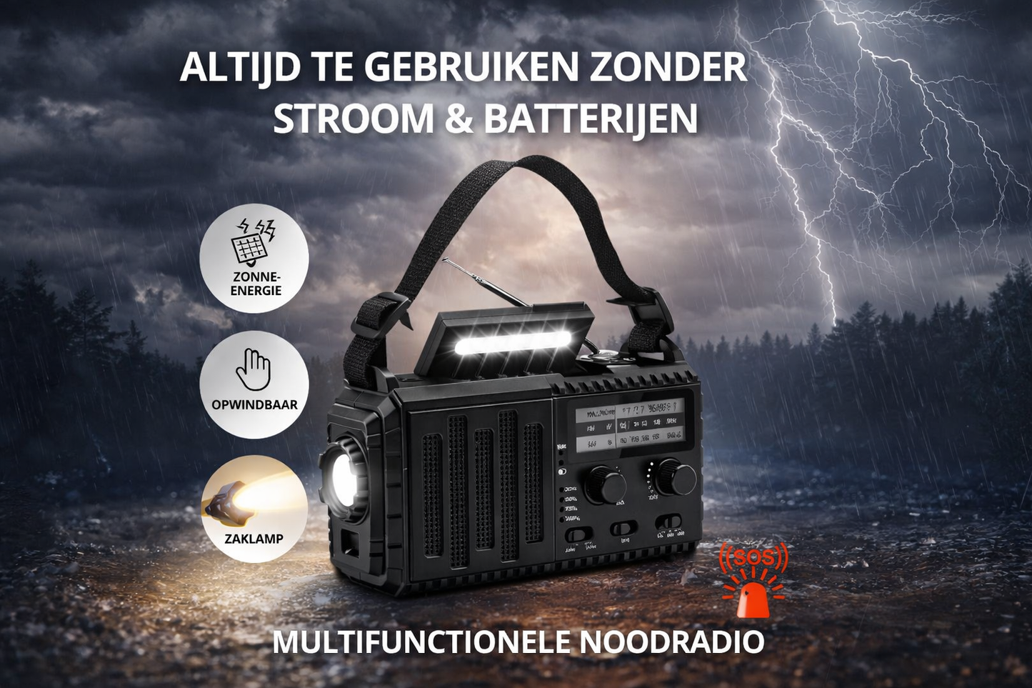 Opwindbare Noodradio met Zonne-Energie & SOS Alarm – Noodradio Zonder Batterijen met Veel Zenders
