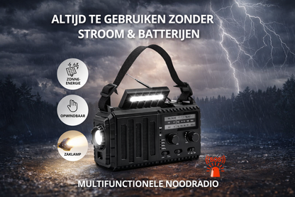 Opwindbare Noodradio met Zonne-Energie & SOS Alarm – Noodradio Zonder Batterijen met Veel Zenders