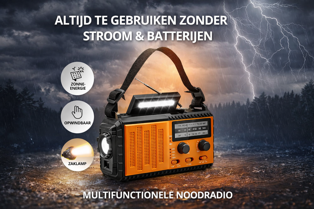 Opwindbare Noodradio met Zonne-Energie & SOS Alarm – Noodradio Zonder Batterijen met Veel Zenders