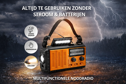 Opwindbare Noodradio met Zonne-Energie & SOS Alarm – Noodradio Zonder Batterijen met Veel Zenders