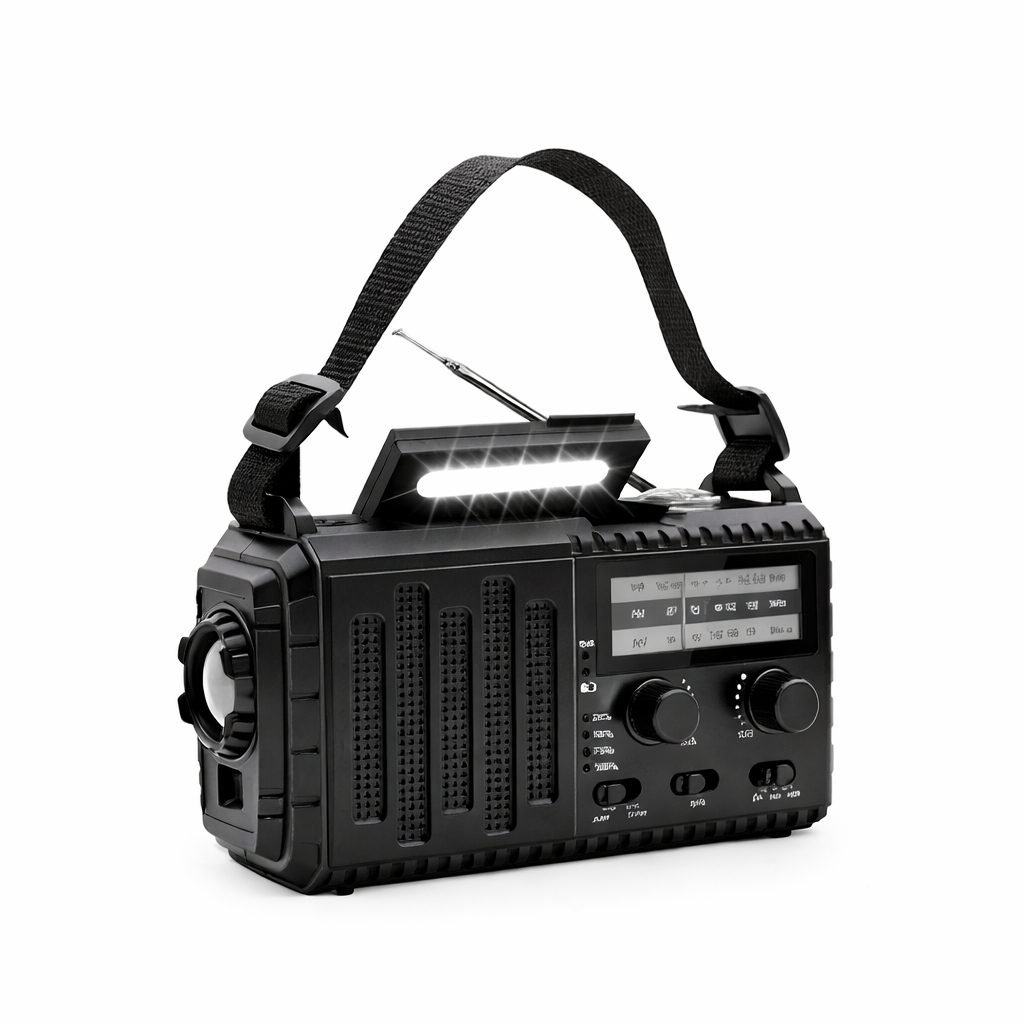 Opwindbare Noodradio met Zonne-Energie & SOS Alarm – Noodradio Zonder Batterijen met Veel Zenders