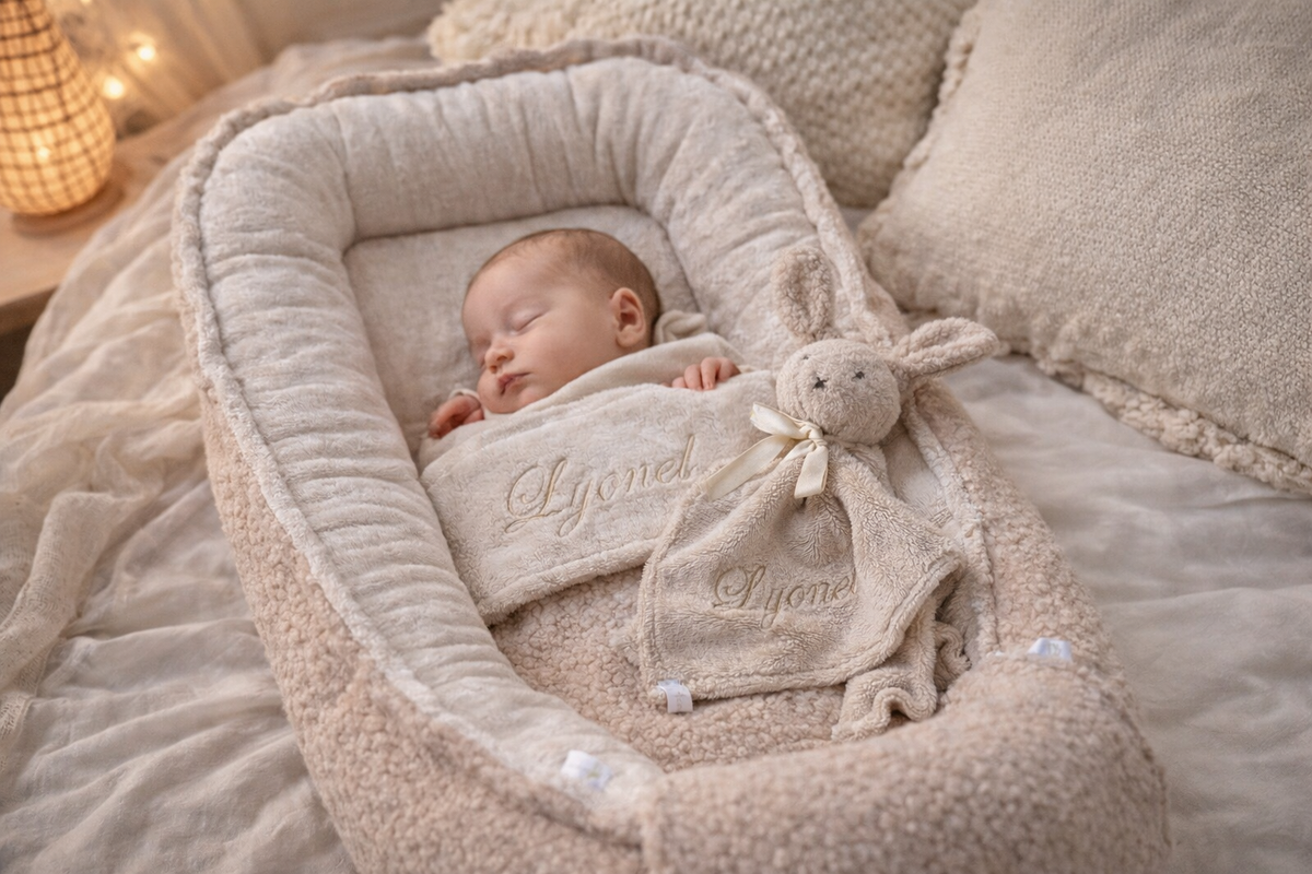 Babynestje Taupe Bouclé & Bamboe – Handgemaakt in Nederland – Oeko-Tex  – Inclusief Gratis Dekentje