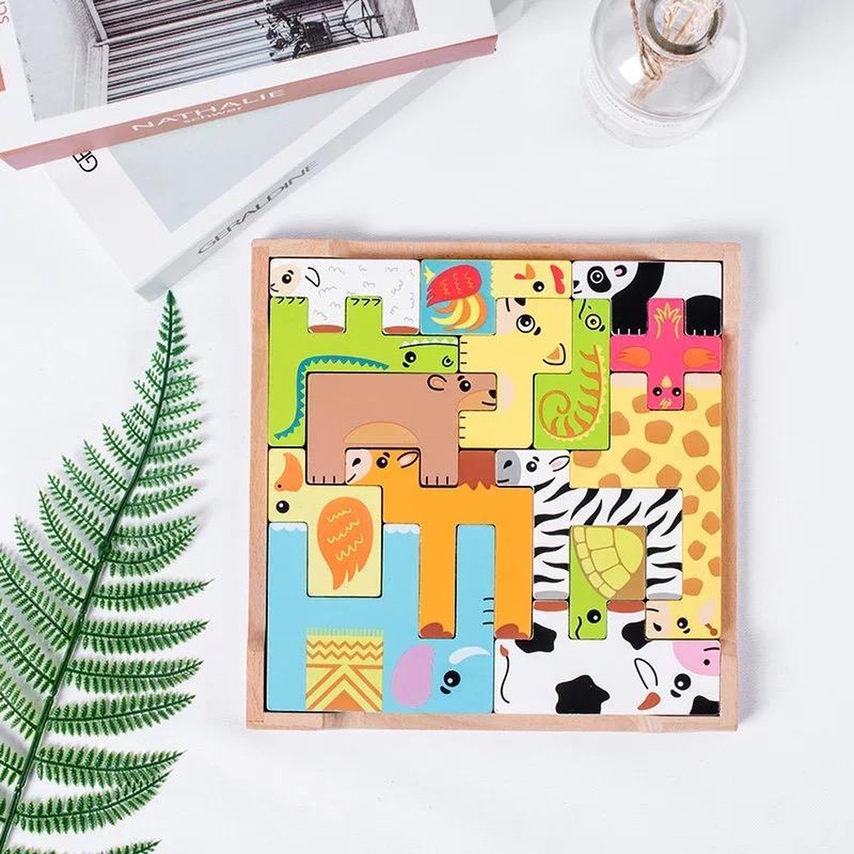 Houten Dieren Schuifpuzzel Montessori – Educatieve Jungle Puzzel voor Peuters (1+ jaar)